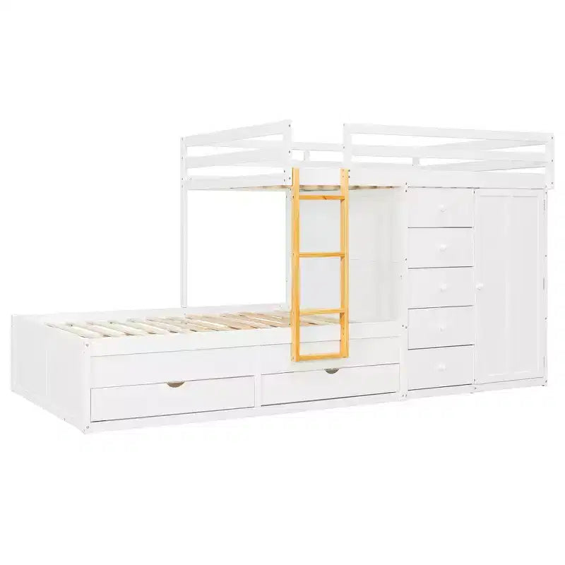 Lit superposé complet Whisen avec 2 grands tiroirs, 5 petits tiroirs et petite armoire