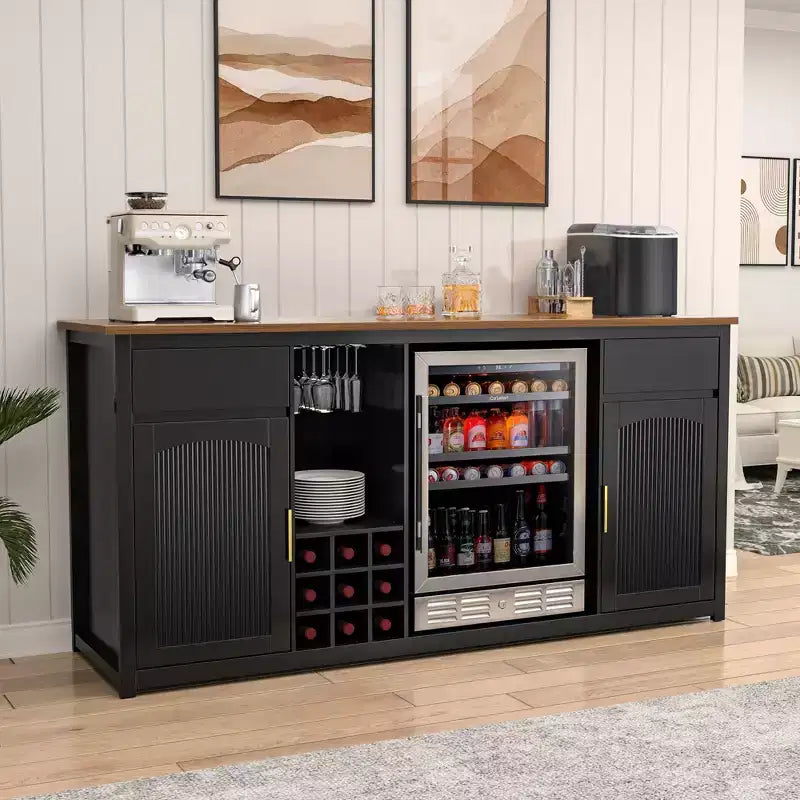 Mobile bar extra lungo GDLF con spazio per frigorifero, mobile per vino e liquori moderno, 78,7