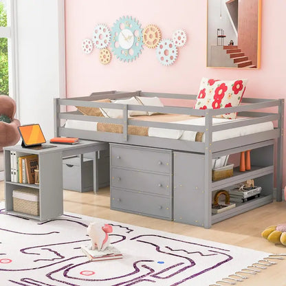 Lit mezzanine pleine taille avec bureau coulissant et 3 tiroirs