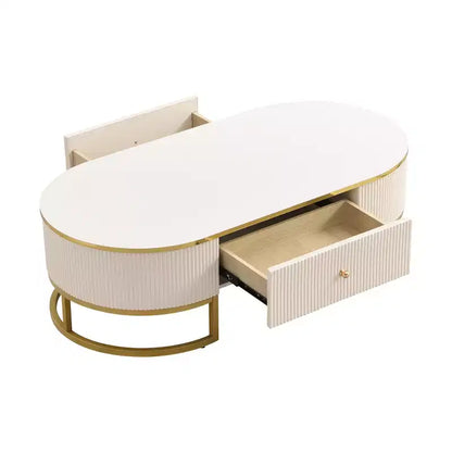 Tavolino da Caffè Moderno 47W, Tavolino da Salotto, Tavolino Centrotavola, Tavolino d'Appoggio con Cassetti, Design dal Profilo Curvo, Gambe in Metallo Dorato, Ovale, Bianco+Oro-ModernLuxe