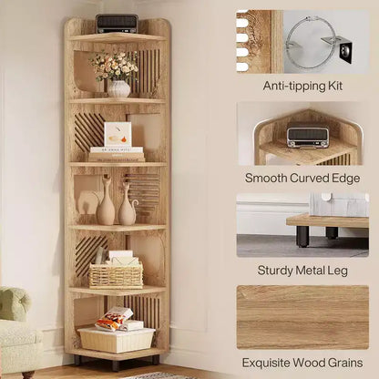 Étagère d'angle Lantine à 6 niveaux, bibliothèque haute rustique de 180 cm pour salon, chambre, bureau