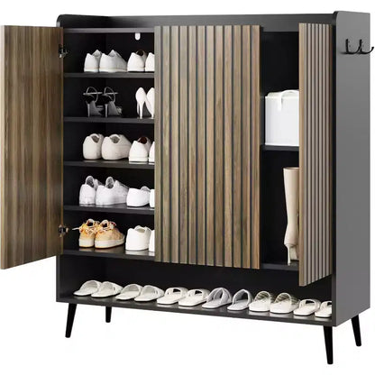Meuble à chaussures 3 portes avec crochets de rangement, organiseur de chaussures à 6 niveaux pour entrée, meuble à chaussures autoportant pour couloir, salon