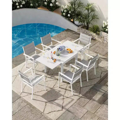 Table à manger extérieure extensible en aluminium imitation bois - Rectangulaire, résistante à la rouille, 6 places