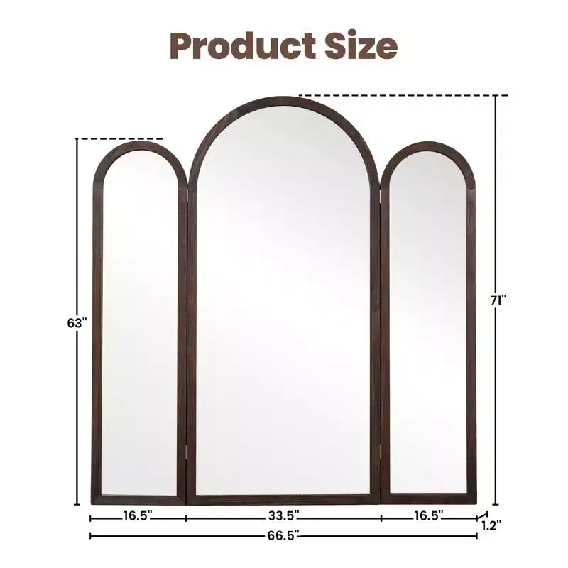 Specchio a tre ante Dovelina 71A*66.5L, specchio a figura intera ad arco reclinabile per soggiorno, sala da pranzo, ingresso, camera da letto, telaio in metallo/legno disponibile