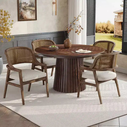 Set da pranzo allungabile Christopher Knight Home Bennett Mid-Century Modern 5 pezzi in legno, con tavolo e 4 sedie imbottite con schienale in canna