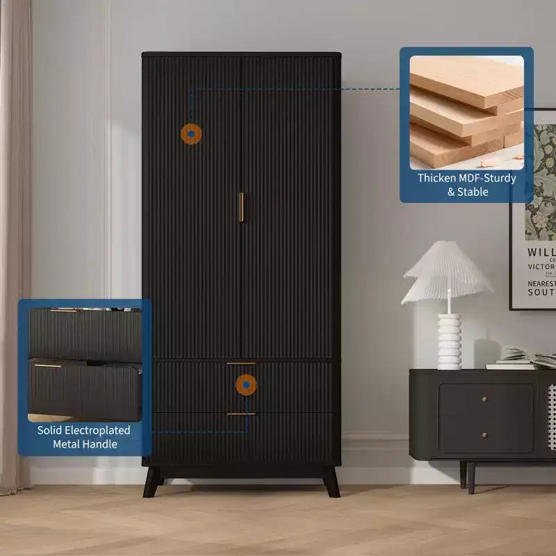 Armoire à portes cannelées, Armoire en bois de 71 pouces avec 2 portes, 2 tiroirs, étagère réglable et tringle de suspension, Armoire de rangement pour vêtements