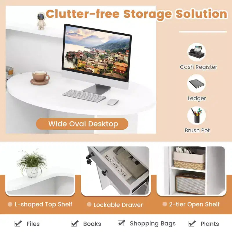 Costway Bancone per Reception, Scrivania da Ufficio con Ripiano Aperto e Cassetto con Serratura, Bianco/Marrone/Nero