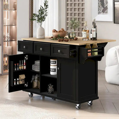 Carrello da Cucina con Piano a Ribalta in Legno di Gomma