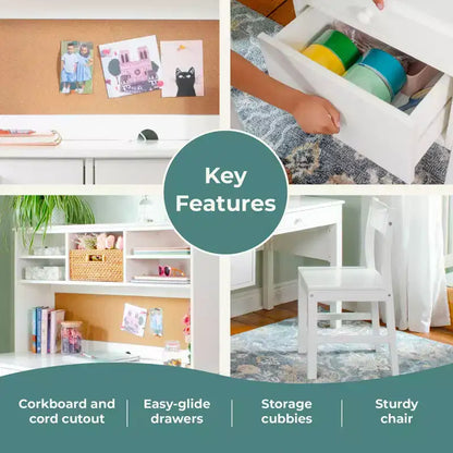 Set Scrivania e Sedia per Bambini Guidecraft Madison con Libreria - Bianco: Scrivania da Scrittura in Legno per Bambini con Contenitore, Tavolo da Studio in Legno per Bambini con Libreria