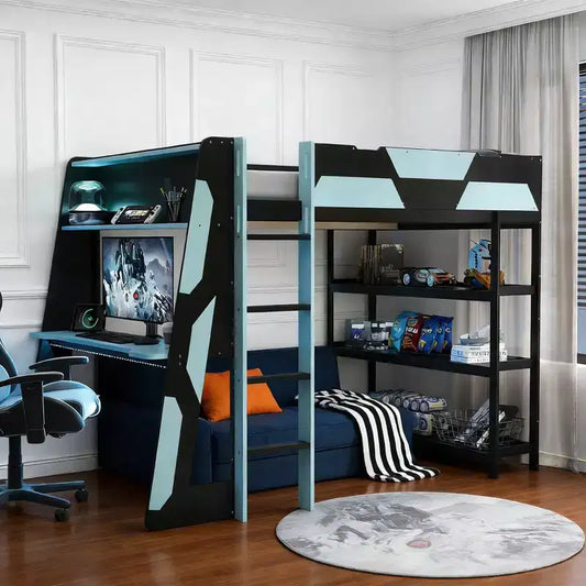 Luxystar Letto a soppalco completo da gaming con scrivania, mensole e luci