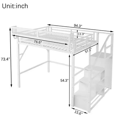 Lit mezzanine pleine grandeur en métal blanc avec escalier, étagères de rangement et lit mezzanine haut avec armoire pour enfants et adolescents