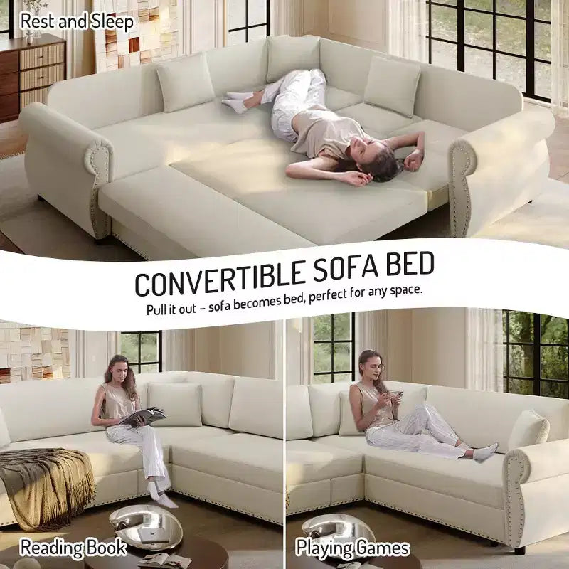 Canapé convertible d'angle 5 places Homy Casa 88 avec lit gigogne, revêtement chenille, beige