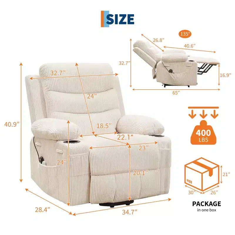 Fauteuil inclinable électrique releveur, fauteuils inclinables électriques pour personnes âgées avec fonction chauffante et massante, aide à la levée, porte-gobelets, poche latérale, pour salon
