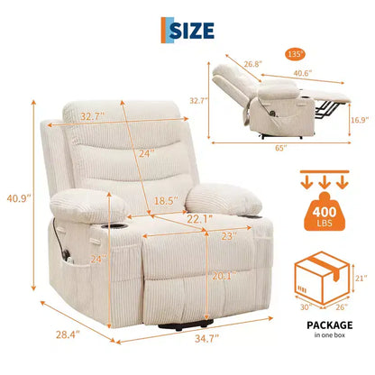 Fauteuil inclinable électrique releveur, fauteuils inclinables électriques pour personnes âgées avec fonction chauffante et massante, aide à la levée, porte-gobelets, poche latérale, pour salon