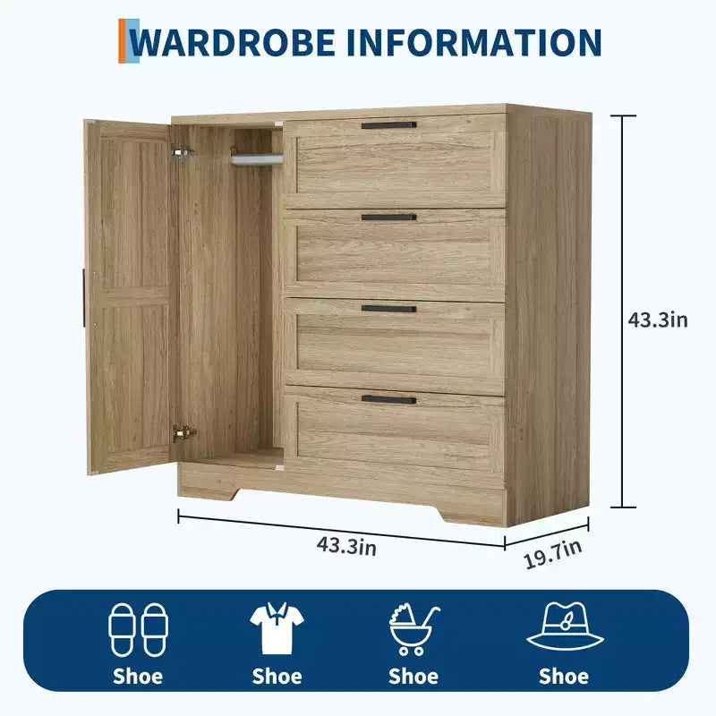 Armadio Guardaroba, 109,98 cm H, in Legno, con 4 Cassetti e Asta Appendiabiti, Rovere Naturale Grigio
