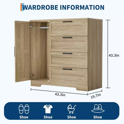 Armadio Guardaroba, 109,98 cm H, in Legno, con 4 Cassetti e Asta Appendiabiti, Rovere Naturale Grigio
