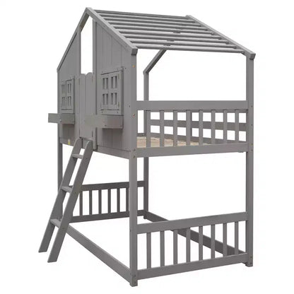 Lit mezzanine cabane de taille double, lit mezzanine cabane en bois avec échelle et barrières de sécurité pour enfants