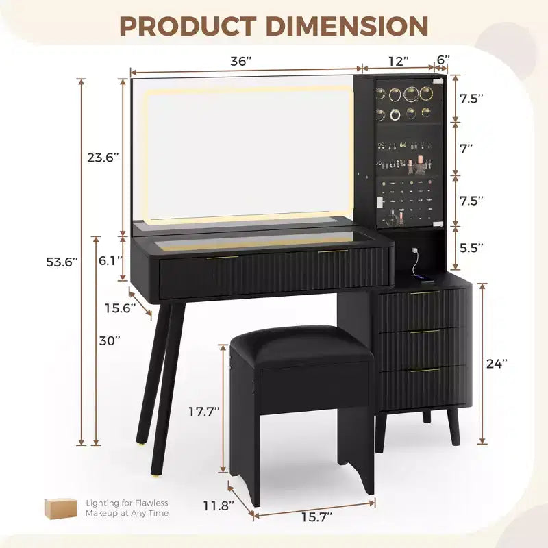Toeletta da trucco scanalata da 122 cm con specchio e luci LED, stazione di ricarica, sgabello contenitore imbottito per camera da letto