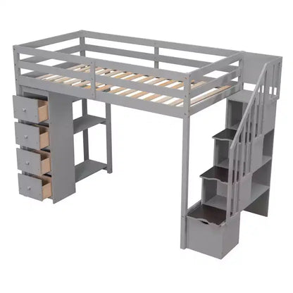 Lit mezzanine double en bois Whisen avec tiroirs de rangement, escalier et étagères