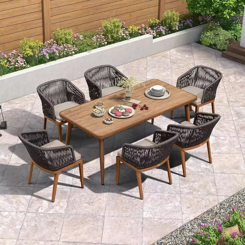 Ensemble de salle à manger d'extérieur PURPLE LEAF en osier tout temps avec table, cadre entièrement en aluminium pour pelouse, jardin, terrasse avec coussins