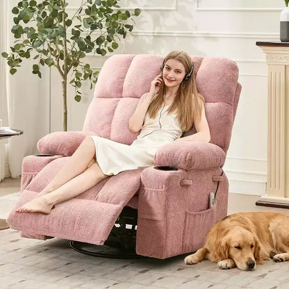 Poltrona Reclinabile Oversize per Adulti, Sofà Girevole a Dondolo Manuale, Tasche Laterali e Portabicchieri per Persone Grandi e Alte, Soggiorno