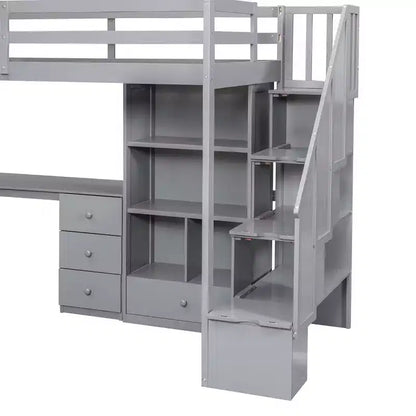 Lit mezzanine une place avec bureau en L, 3 tiroirs, placard, rangements intégrés dans l'escalier, en pin massif/MDF