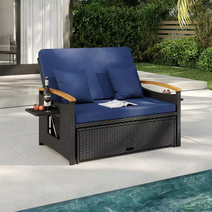 Set divano letto in rattan per esterni Costway con divanetto imbottito e poggiapiedi contenitore per veranda Beige/Blu marino/Rosso/Turchese/Nero/Grigio