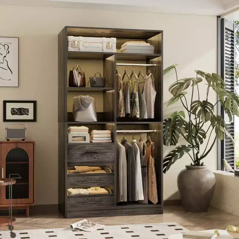 Organisateur de placard avec tiroirs en bois, système de rangement autoportant avec tringles de suspension