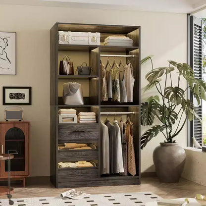 Organisateur de placard avec tiroirs en bois, système de rangement autoportant avec tringles de suspension