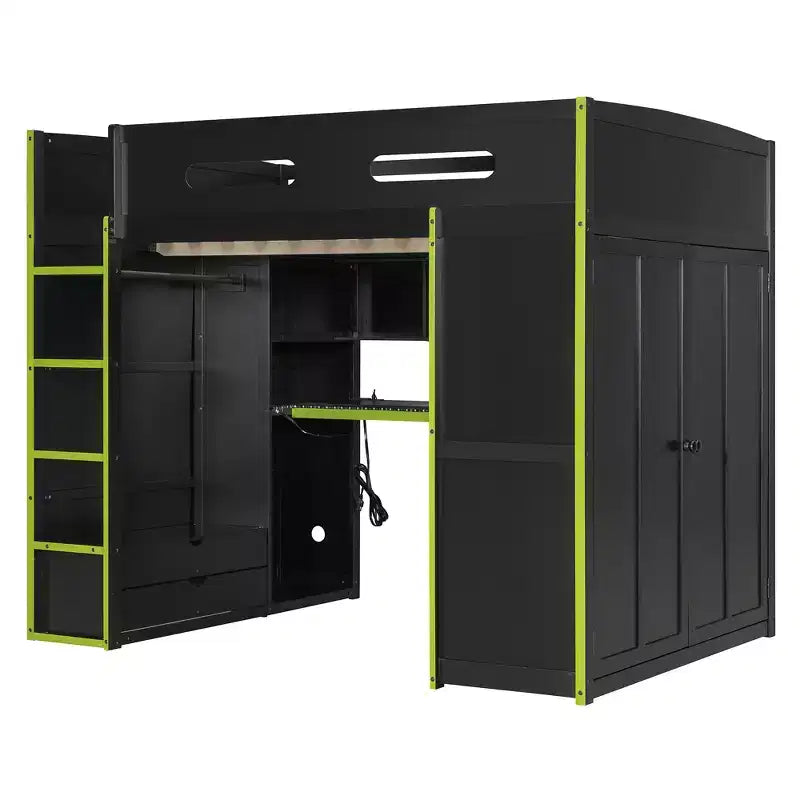 Merax Letto a soppalco a una piazza e mezza con scrivania, armadio, luci LED RGB e porta di ricarica USB Elegante struttura nera con spazio multi-contenitore per gli amanti dei giochi