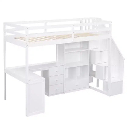 Lit mezzanine une place avec bureau en L, 3 tiroirs, placard, rangements intégrés dans l'escalier, en pin massif/MDF