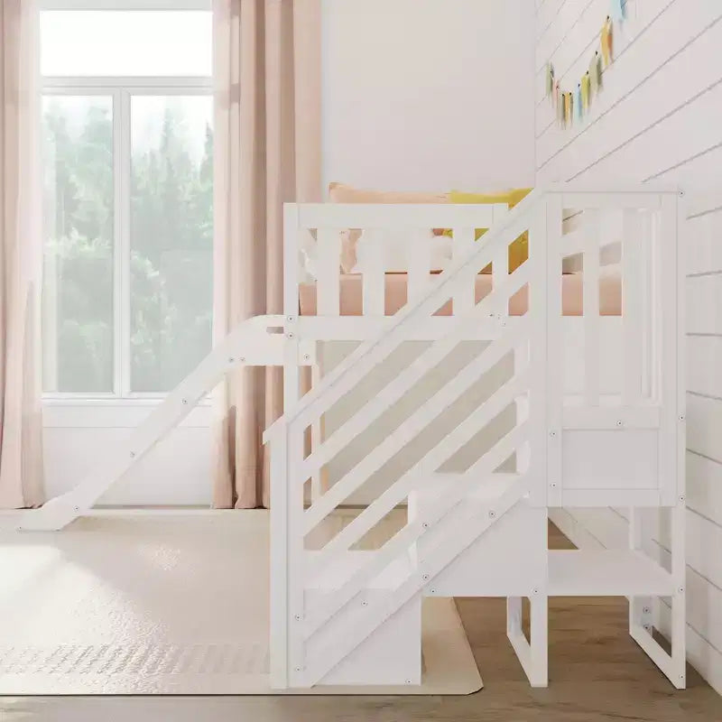 Lit mezzanine bas pour enfant, format jumeau, avec toboggan et escalier, plateforme de lit enfant en bois massif