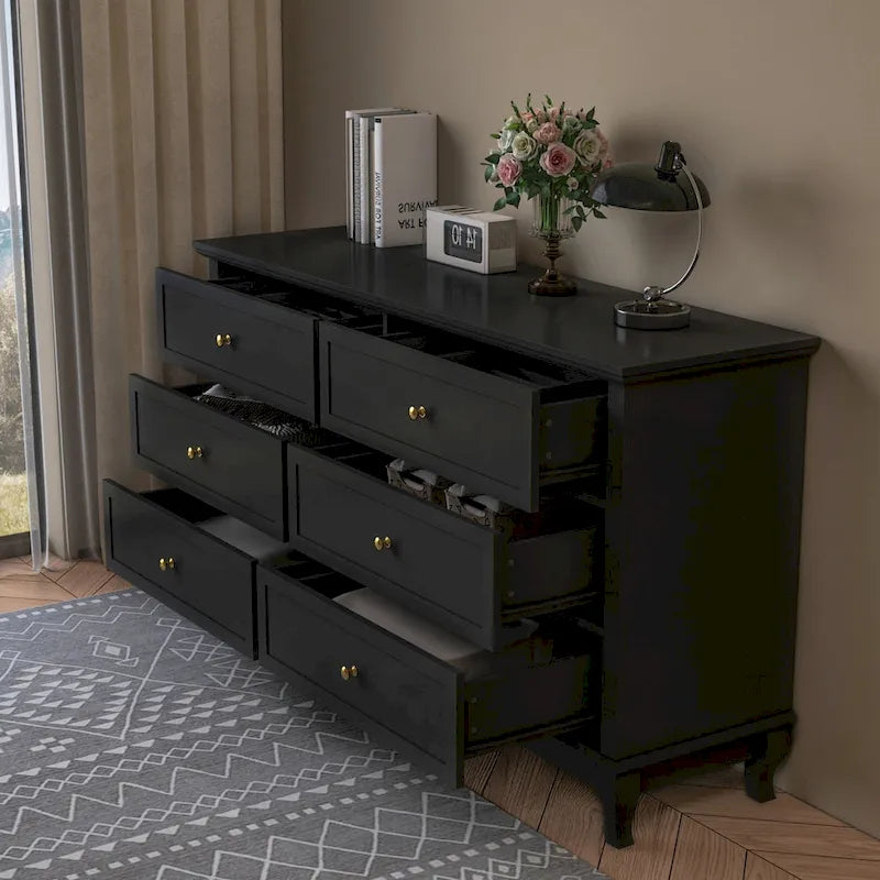 Comò in Legno per Camera da Letto con Cassetti Profondi, Cassettiera Doppia a 6 Cassetti