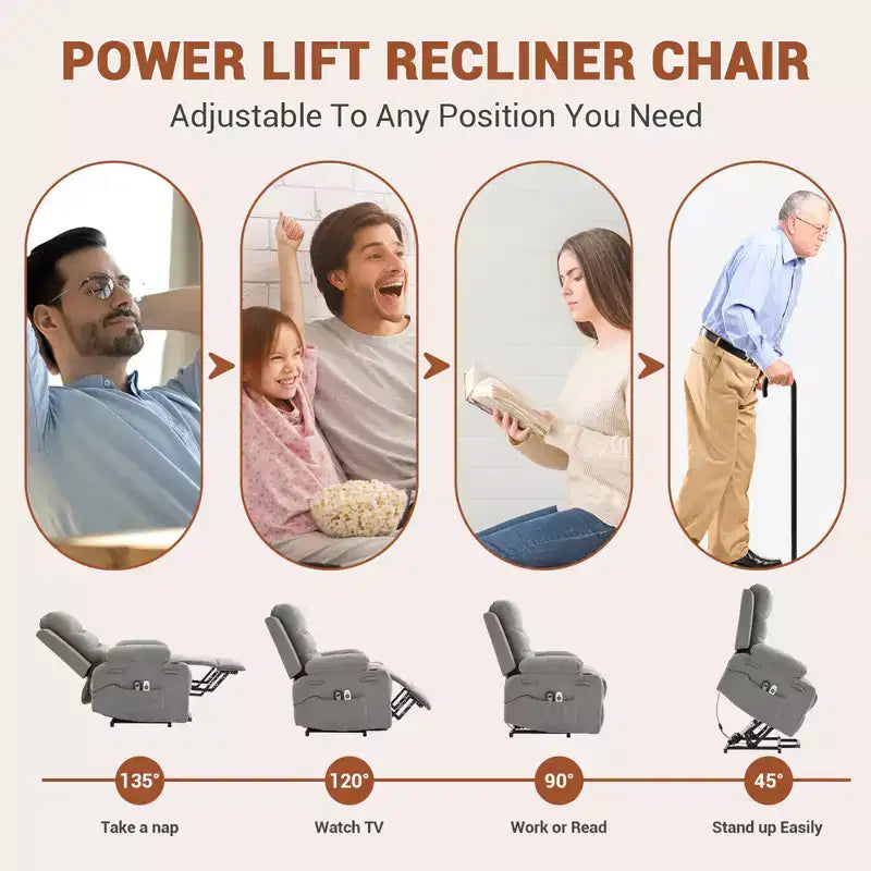Fauteuil inclinable électrique releveur, fauteuils inclinables électriques pour personnes âgées avec fonction chauffante et massante, aide à la levée, porte-gobelets, poche latérale, pour salon