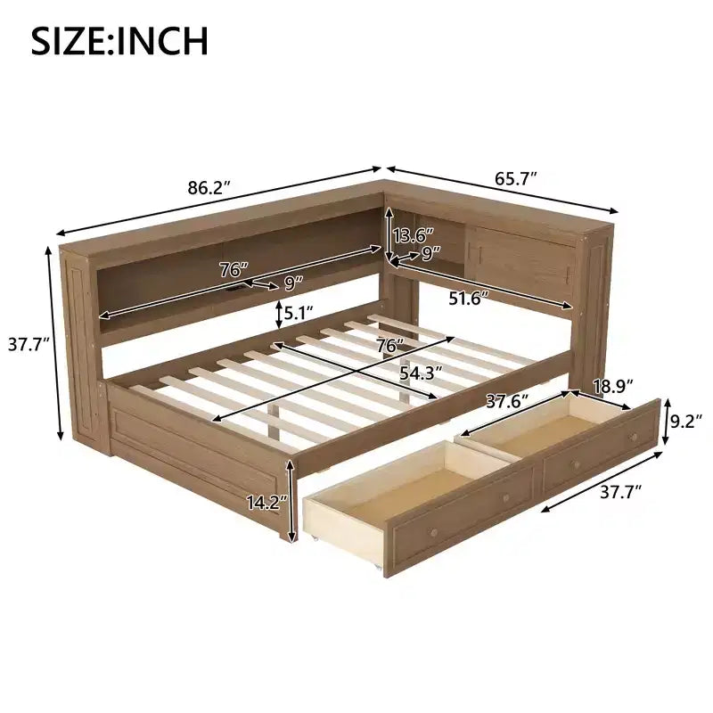Letto angolare a grandezza naturale con cassetti portaoggetti, libreria, struttura letto a giorno in legno a forma di L con testiera a libreria per soggiorno