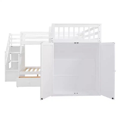 Lit superposé en L Whisen Modern Design (jumeau sur grand) avec 3 tiroirs, bureau portable et armoire