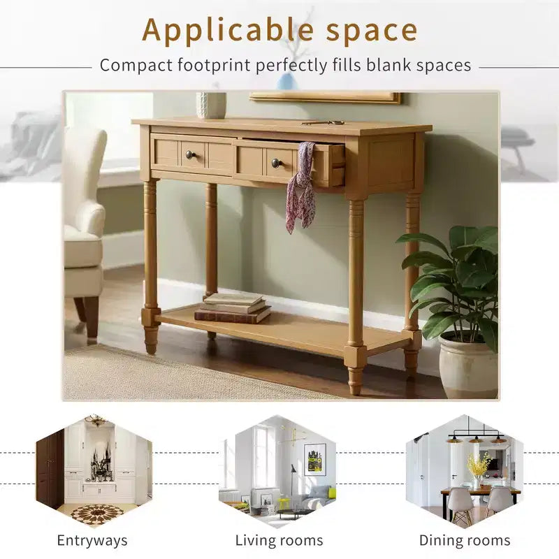 Consolle da ingresso tradizionale con 2 cassetti e ripiano inferiore, in legno massello di pino