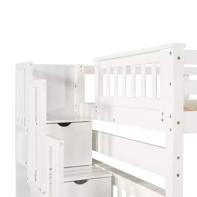 Letto a castello Full over Full con scaletta per bambini, struttura a castello matrimoniale con 6 cassetti e ringhiera per cameretta o dormitorio