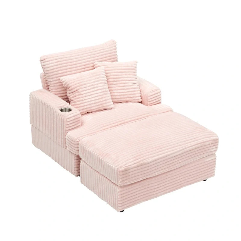 Divano Poltrona Singola in Velluto a Coste Rosa 39.37 con Pouf e Portabicchieri