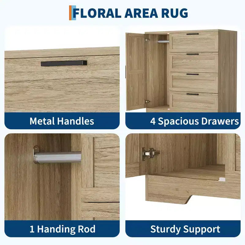 Armadio Guardaroba, 109,98 cm H, in Legno, con 4 Cassetti e Asta Appendiabiti, Rovere Naturale Grigio