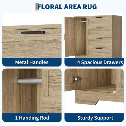 Armadio Guardaroba, 109,98 cm H, in Legno, con 4 Cassetti e Asta Appendiabiti, Rovere Naturale Grigio