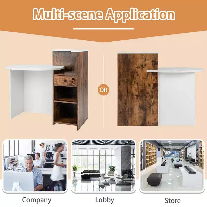 Costway Bancone per Reception, Scrivania da Ufficio con Ripiano Aperto e Cassetto con Serratura, Bianco/Marrone/Nero