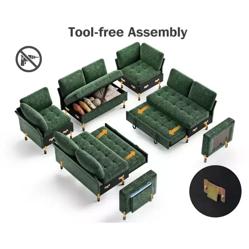 Divano componibile Dyonery a 8 posti a U con letto estraibile/schienale reclinabile/porte USB/tavolo/vano contenitore, montaggio senza attrezzi
