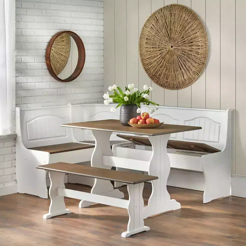 Buylateral Lot de 3 ensemble de salle à manger d'angle pour petit-déjeuner en bois massif Washington Farmhouse blanc/noyer foncé : en forme de L, pin massif, banc de rangement