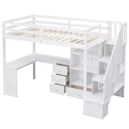 Lit mezzanine une place avec bureau en L, 3 tiroirs, placard, rangements intégrés dans l'escalier, en pin massif/MDF