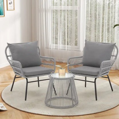 Set da Bistrot da Esterno in Rattan da 3 Pezzi, Set di Mobili da Giardino con Tavolo in Vetro e 2 Ampie Poltrone, Cuscini Inclusi