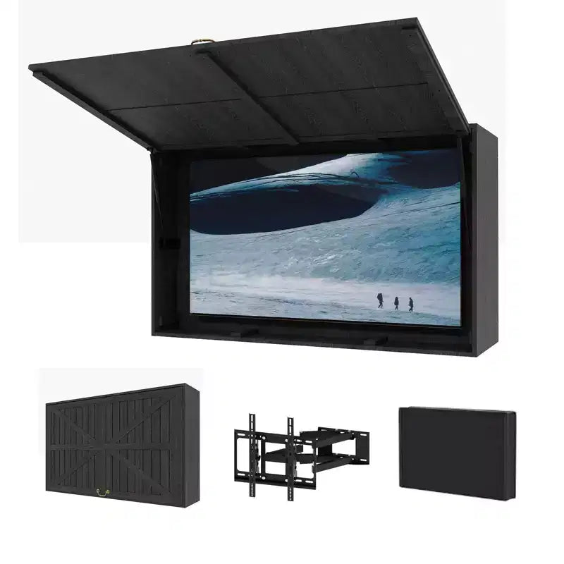 Custodia per TV da esterni da 55 pollici, copertura per TV resistente alle intemperie in legno massello con supporto regolabile 4D e sportello pieghevole (adatta a TV da 44-55 pollici)