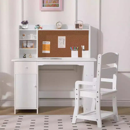 Scrivania per bambini, set scrivania e sedia per ragazzi e ragazze, tavolo da scrittura per bambini in legno con libreria, bacheca, armadietto e cassetto per età 3-8