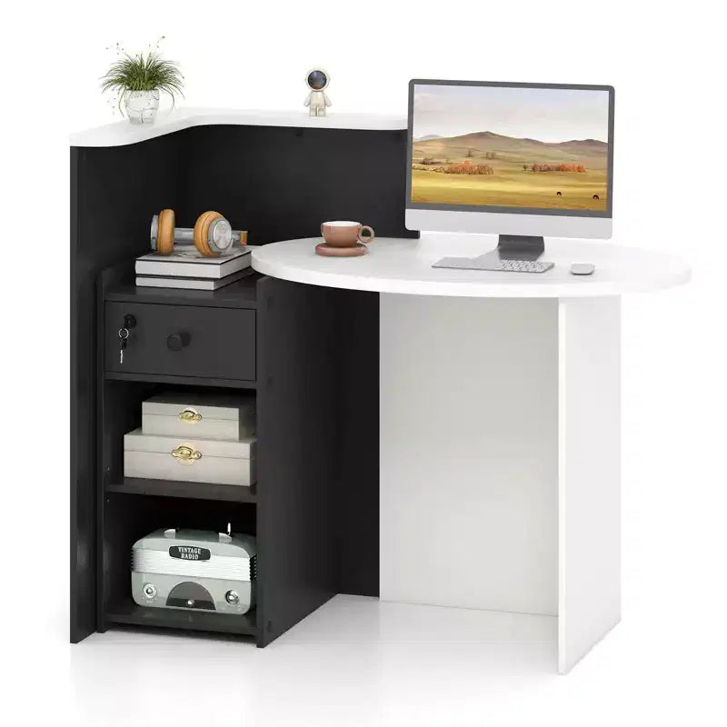 Costway Bancone per Reception, Scrivania da Ufficio con Ripiano Aperto e Cassetto con Serratura, Bianco/Marrone/Nero