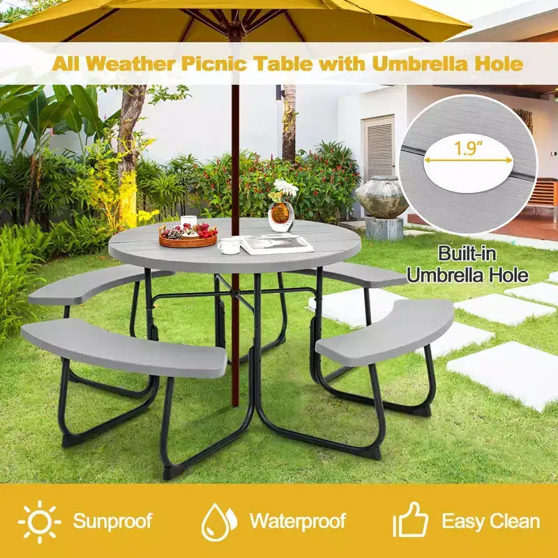 Costway Set Tavolo da Picnic Rotondo da Esterno a 8 Posti con 4 Panche e Foro per Ombrellone Nero/Grigio/Verde/Bianco